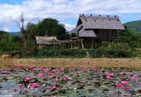 Südostasien, Laos: Land des Lächelns - Haus an einem von Seerosen bedeckten See 